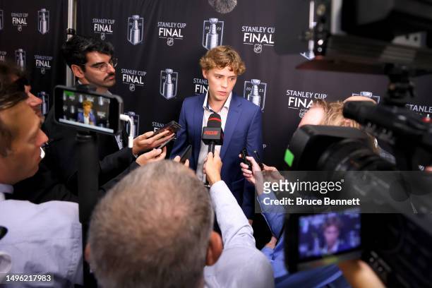 Top prospect Will Smith speaks to the media prior to Game Two of the 2023 NHL Stanley Cup Final between the Florida Panthers and the Vegas Golden...