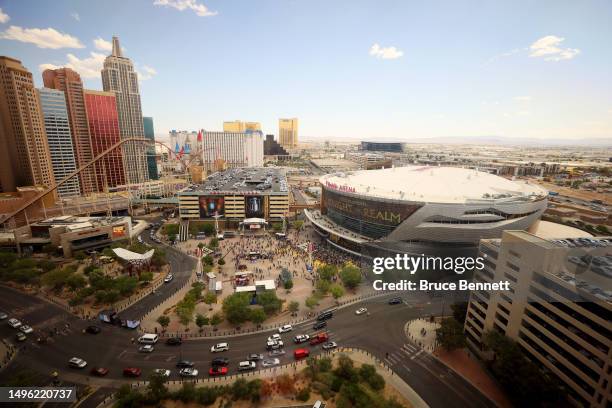 An exterior view of T-Mobile Arena prior to Game Two of the 2023 NHL Stanley Cup Final between the Florida Panthers and the Vegas Golden Knights on...