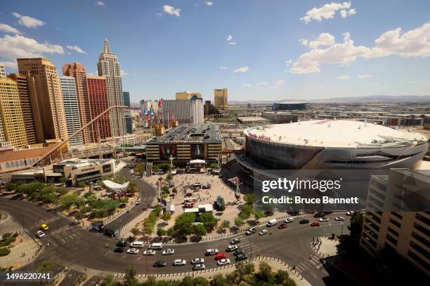 An exterior view of T-Mobile Arena prior to Game Two of the 2023 NHL Stanley Cup Final between the Florida Panthers and the Vegas Golden Knights on...