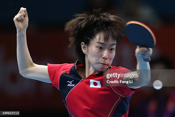 Kasumi Ishikawa of Japan competes during her Women's Singles Table Tennis Bronze Medal match against Tianwei Feng of Singapore on Day 5 of the London...