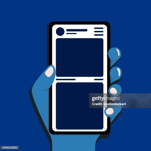 mobile phone with social media screen - holding hands close up stock illustrations