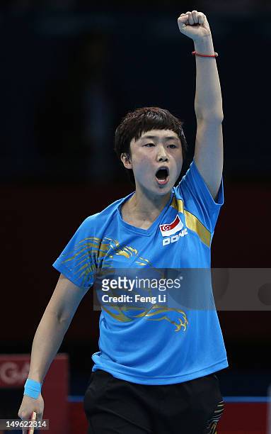 Tianwei Feng of Singapore celebrates a point during her Women's Singles Table Tennis Bronze Medal match against Kasumi Ishikawa of Japan on Day 5 of...