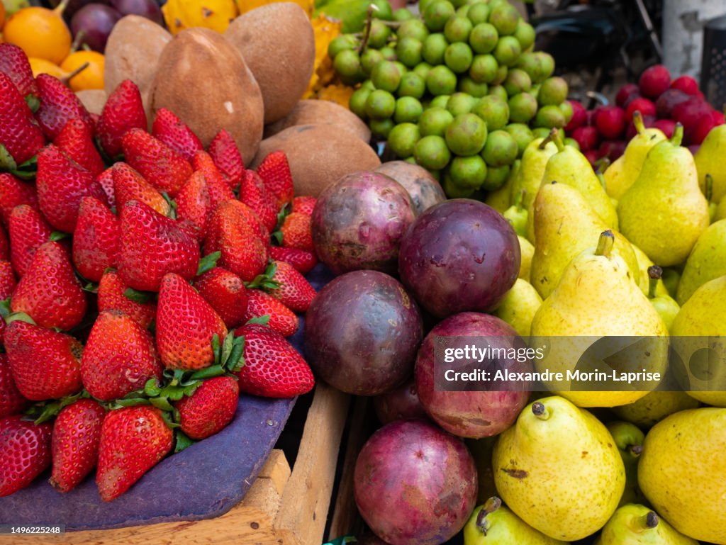 Delicious and Exotic Fruits in the Colombian Market, Strawberries, Gulupas, Pears, Limoncillo, Sapote