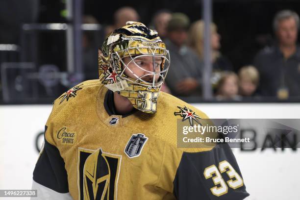 Adin Hill of the Vegas Golden Knights skates in warm-ups prior to the game against Florida Panthers in Game Two of the 2023 NHL Stanley Cup Final at...