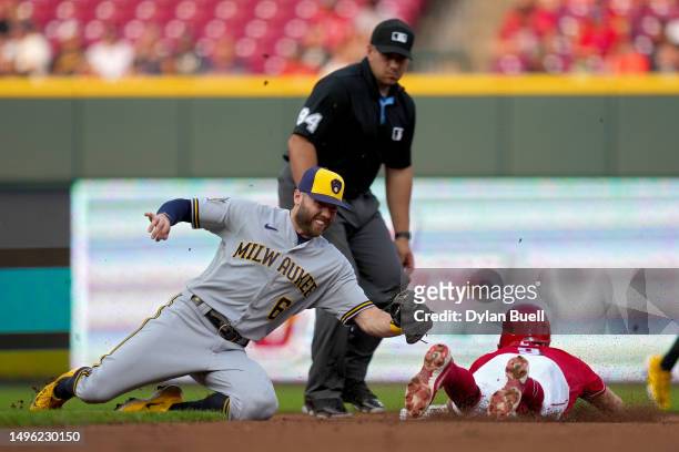 Owen Miller of the Milwaukee Brewers tags out Matt McLain of the Cincinnati Reds at second base during a stolen base attempt in the first inning at...