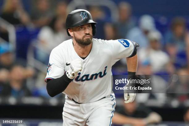 Jon Berti of the Miami Marlins runs the bases on a two-run triple in the fourth inning against the Kansas City Royals at loanDepot park on June 05,...