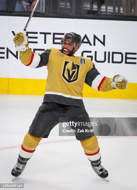 Alec Martinez of the Vegas Golden Knights celebrates after scoring a goal during the first period against the Florida Panthers in Game Two of the...