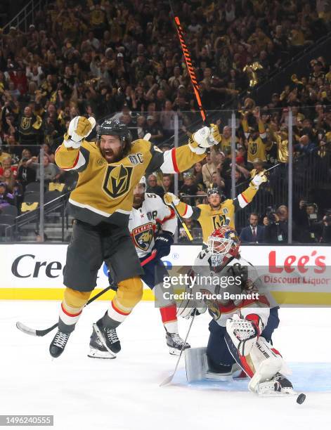 Mark Stone of the Vegas Golden Knights celebrates a goal by Jonathan Marchessault past Sergei Bobrovsky of the Florida Panthers during the first...