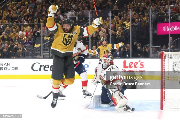 Mark Stone of the Vegas Golden Knights celebrates a goal by Jonathan Marchessault past Sergei Bobrovsky of the Florida Panthers during the first...