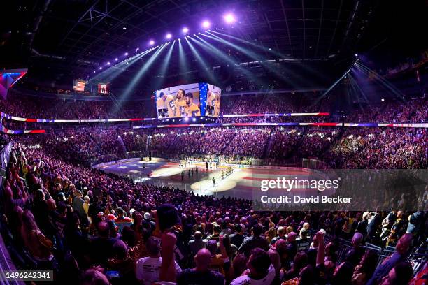 General view of the ice prior to Game Two of the 2023 NHL Stanley Cup Final between the Vegas Golden Knights and the Florida Panthers at T-Mobile...