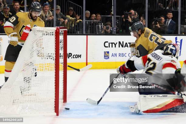 Brett Howden of the Vegas Golden Knights scores a goal past Sergei Bobrovsky of the Florida Panthers during the second period in Game Two of the 2023...