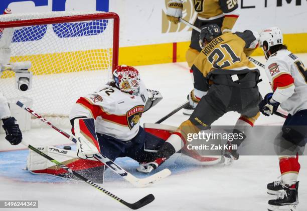 Brett Howden of the Vegas Golden Knights scores a goal against Sergei Bobrovsky of the Florida Panthers during the second period in Game Two of the...