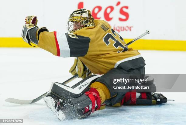 Adin Hill of the Vegas Golden Knights makes a save during the second period against the Florida Panthers in Game Two of the 2023 NHL Stanley Cup...