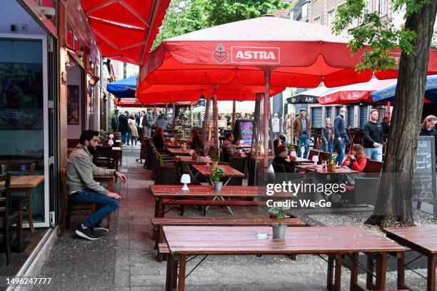 exterior view of a typical altbier pub on bolkerstraße in düsseldorf's old town. - altbier stock pictures, royalty-free photos & images