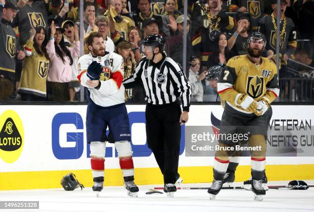 Fight is broken up between Matthew Tkachuk of the Florida Panthers and Alex Pietrangelo of the Vegas Golden Knights during the second period in Game...