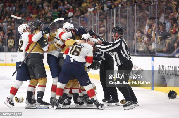 The Vegas Golden Knights and Florida Panthers mix it up after a hit by Matthew Tkachuk on Jack Eichel during the second period in Game Two of the...
