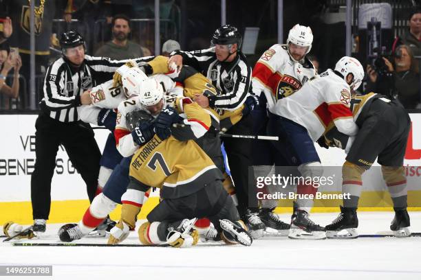 The Vegas Golden Knights and Florida Panthers mix it up after a hit by Matthew Tkachuk on Jack Eichel during the second period in Game Two of the...