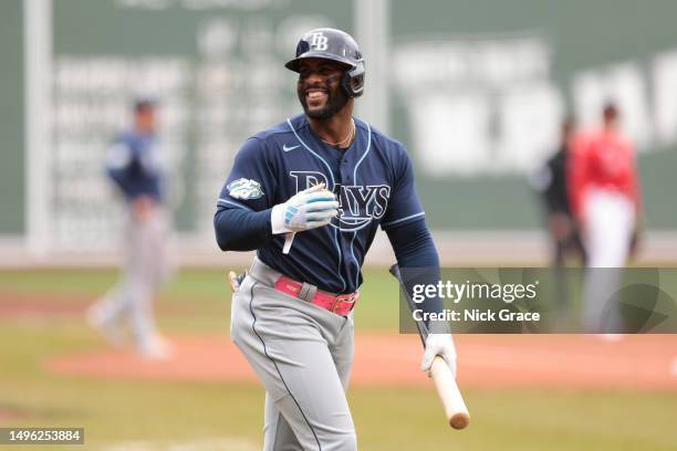 Yandy Diaz of the Tampa Bay Rays reacts during the first inning against the Boston Red Sox at Fenway Park on June 05, 2023 in Boston, Massachusetts.