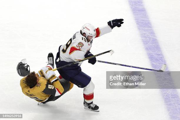 Matthew Tkachuk of the Florida Panthers checks Jack Eichel of the Vegas Golden Knights during the second period in Game Two of the 2023 NHL Stanley...