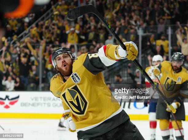 Jonathan Marchessault of the Vegas Golden Knights celebrates after scoring a goal during the third period against the Florida Panthers in Game Two of...