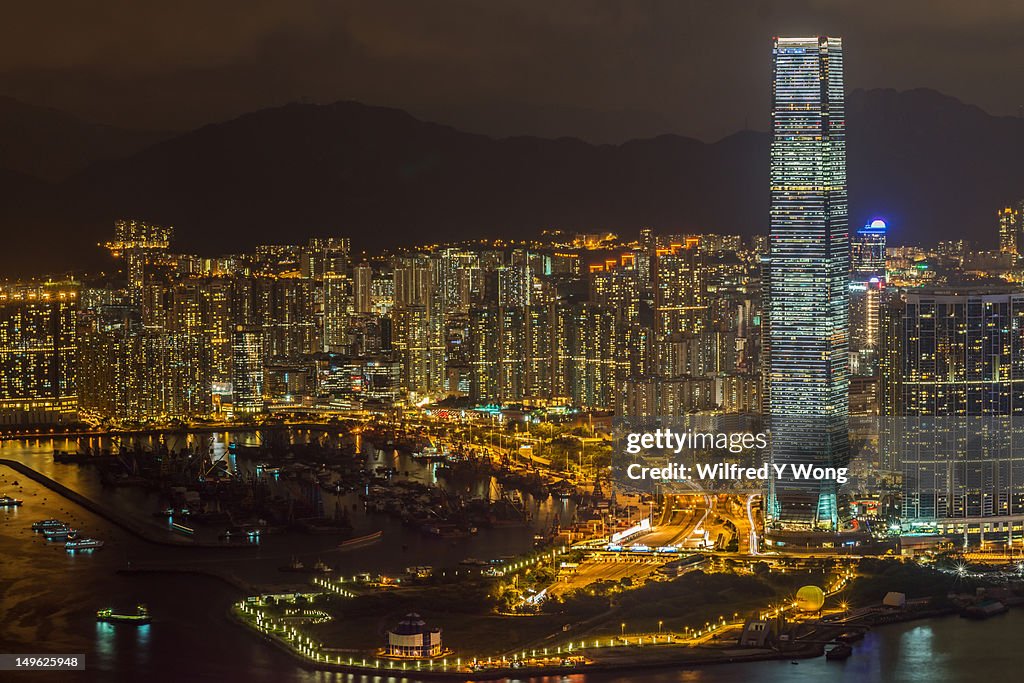 West Kowloon at night, viewed from Victoria Peak