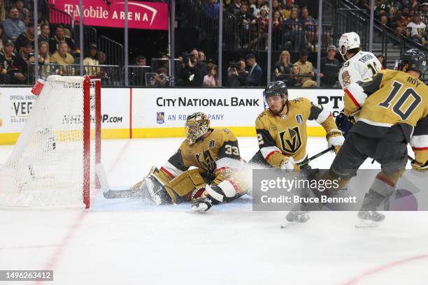 Matthew Tkachuk of the Florida Panthers scores a goal past Adin Hill of the Vegas Golden Knights during the third period in Game Two of the 2023 NHL...
