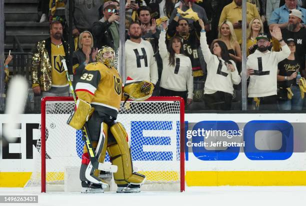 Adin Hill of the Vegas Golden Knights is seen in net during the third period against the Florida Panthers in Game Two of the 2023 NHL Stanley Cup...