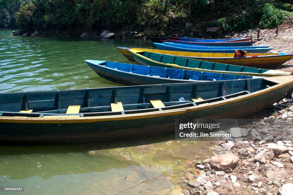 Typical canoes on Phewa Tal (lake)
