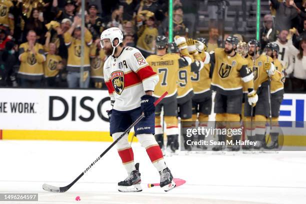 The Vegas Golden Knights celebrate their 7-2 win against the Florida Panthers as Aaron Ekblad skates off the ice in Game Two of the 2023 NHL Stanley...