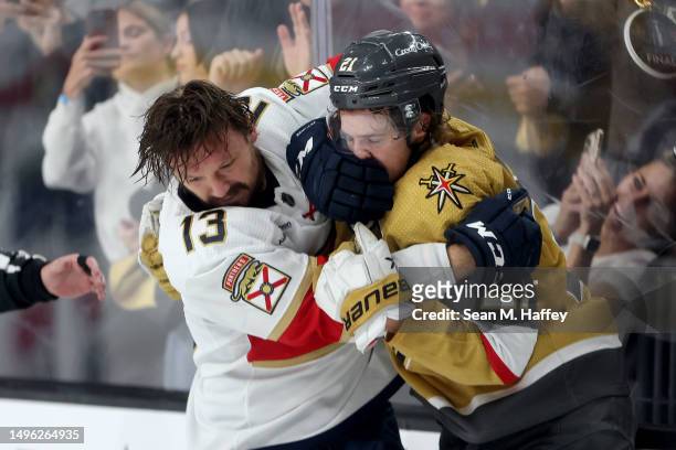 Sam Reinhart of the Florida Panthers and Brett Howden of the Vegas Golden Knights fight during the third period in Game Two of the 2023 NHL Stanley...