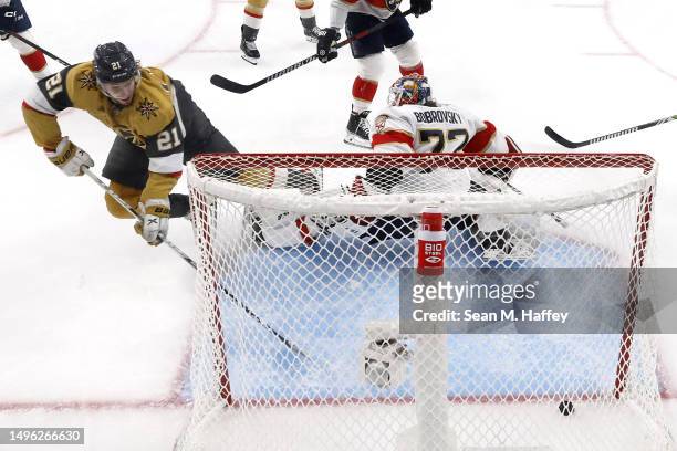 Brett Howden of the Vegas Golden Knights scores a goal past Sergei Bobrovsky of the Florida Panthers during the second period in Game Two of the 2023...