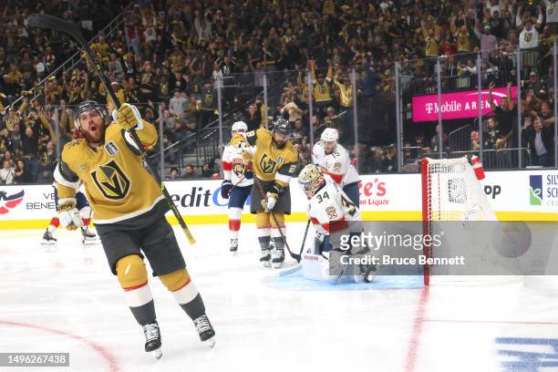Jonathan Marchessault of the Vegas Golden Knights scores a goal past Alex Lyon of the Florida Panthers during the third period in Game Two of the...