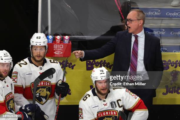 Head coach Paul Maurice of the Florida Panthers reacts during the third period against the Vegas Golden Knights in Game Two of the 2023 NHL Stanley...