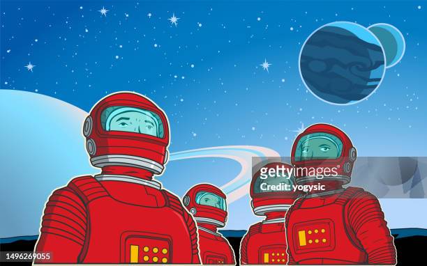 retro pop art multiracial astronaut team in outer space poster stock illustration - scientist portrait stock illustrations
