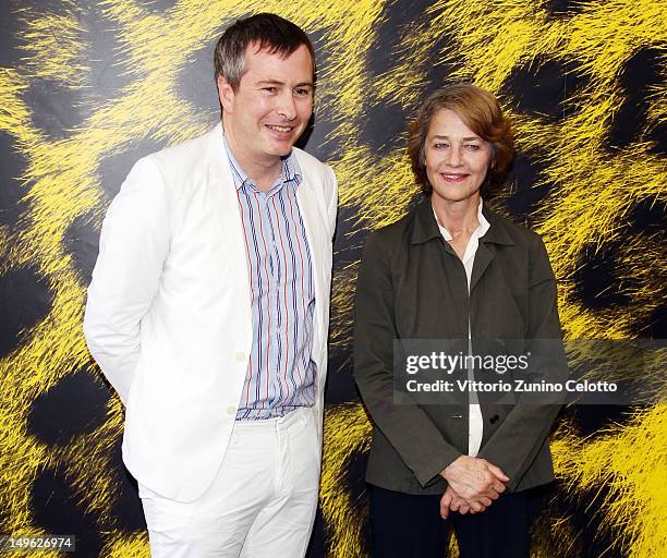 Olivier Pere and Charlotte Rampling attend the Excellence Award Moet & Chandon photocall during the 65th Locarno Film Festival on August 1, 2012 in...