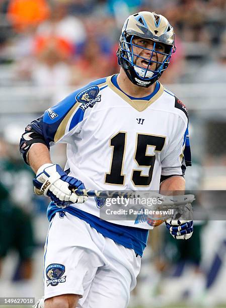 Kevin Kaminski of the Charlotte Hounds reacts to a whistle in the second quarter of a Lacrosse game vs the Long Island Lizards at James M. Shuart...
