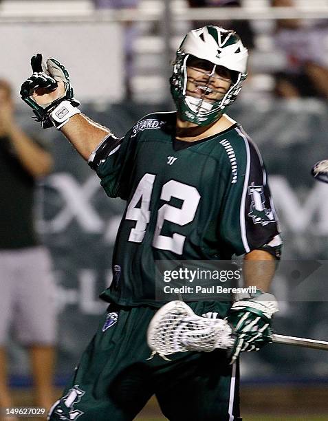 Max Seibald of the Long Island Lizards celebrates a goal during the fourth quarter of a Lacrosse game against the Charlotte Hounds at James M. Shuart...