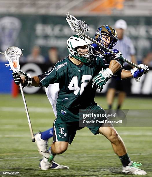 Max Seibald of the Long Island Lizards moves the ball during the fourth quarter of a Lacrosse game against the Charlotte Hounds at James M. Shuart...