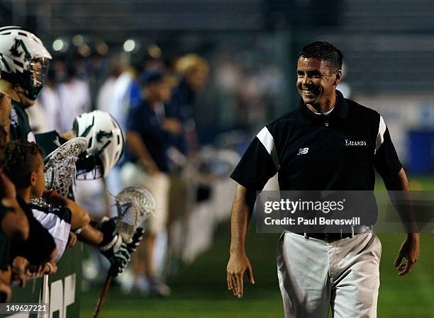 Head coach Joe Spallina of the Long Island Lizards coaches his team against the Charlotte Hounds in the fourth quarter of a Lacrosse game at James M....