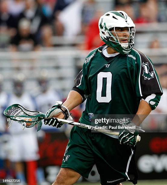 Albert Malone of the Long Island Lizards moves with the ball in the second quarter of a Lacrosse game against the Charlotte Hounds at James M. Shuart...