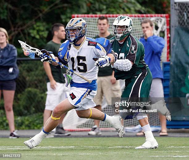 Kevin Kaminski of the Charlotte Hounds runs with the ball in the second quarter of a Lacrosse game vs the Long Island Lizards at James M. Shuart...