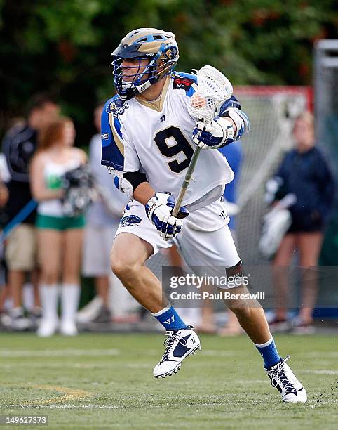 Josh Amidon of the Charlotte Hounds moves with the ball in the first quarter of a Lacrosse game vs the Long Island Lizards at James M. Shuart Stadium...