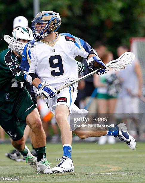 Josh Amidon of the Charlotte Hounds moves with the ball in the first quarter of a Lacrosse game vs the Long Island Lizards at James M. Shuart Stadium...