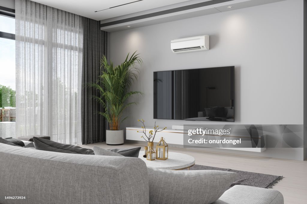 Interior de la sala de estar moderna con aire acondicionado, televisor, planta en maceta y sofá