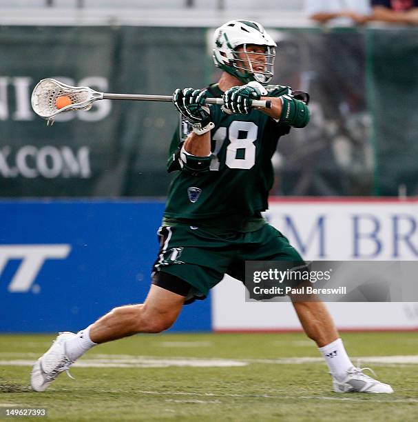 Stephen Peyser of the Long Island Lizards takes a shot in the second quarter of a Lacrosse game against the Charlotte Hounds at James M. Shuart...