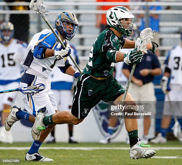 Max Seibald of the Long Island Lizards moves the ball during the second quarter of a Lacrosse game against the Charlotte Hounds at James M. Shuart...