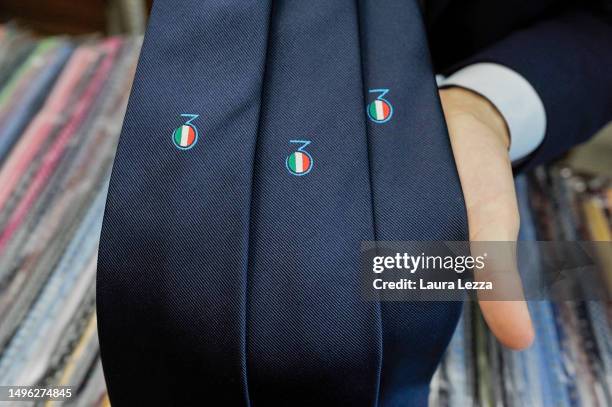 Scudetto Celebrative Ties for the victory of Italian football Championship and the Scudetto of Napoli is seen inside the historic Marinella store on...