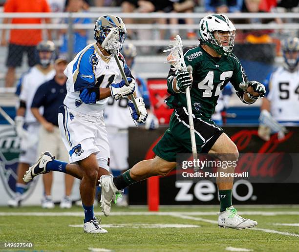 Max Seibald of the Long Island Lizards moves the ball during the second quarter of a Lacrosse game against the Charlotte Hounds at James M. Shuart...