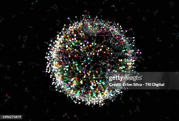 sphere with many colored dots connecting around - cell division stock pictures, royalty-free photos & images