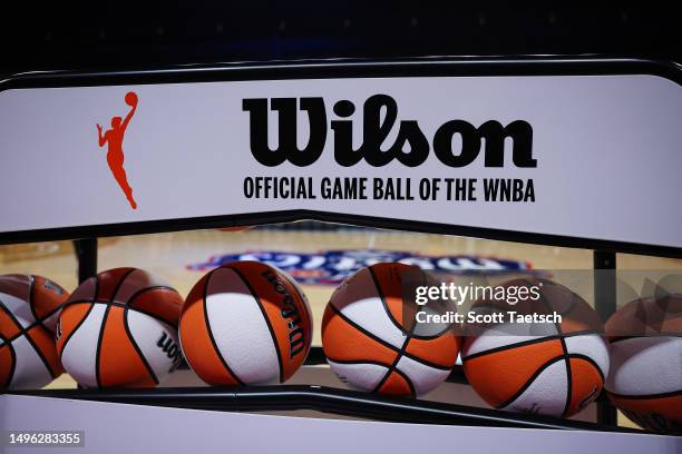 General view of a rack of official WNBA Wilson basketballs before the game between the Washington Mystics and the Dallas Wings at Entertainment &...